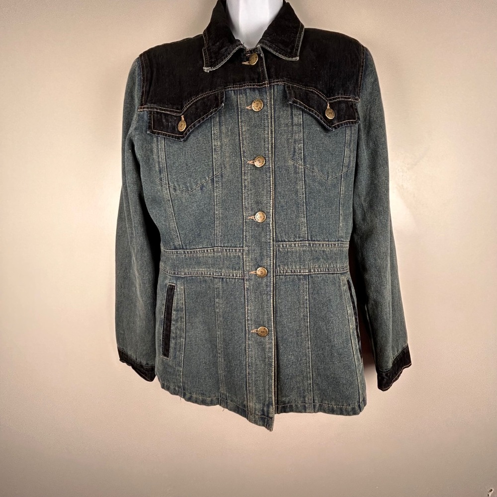 Esprit Vintage 90s Two Tone Denim Jacket Trim Quilted Lining Blue Medium Wash